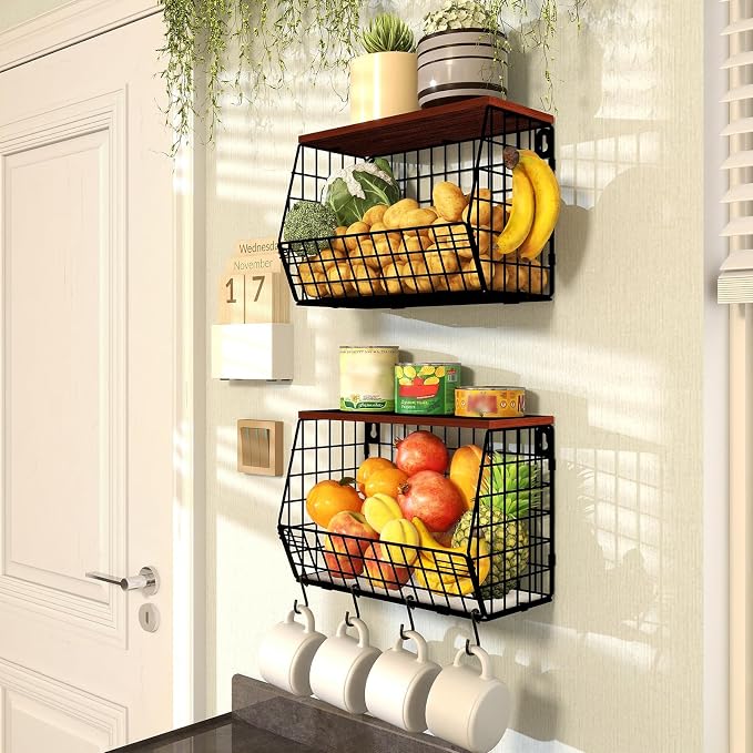 Mefirt 2pcs Fruit Basket Kitchen Storage Basket with Wood Lid | Stackable Wall Fruit Basket for Kitchen, Countertop Organizer for Snack, Fruit and Veggie Storage, 11.8 x 7.9 x 8.5 Inch - Image 5