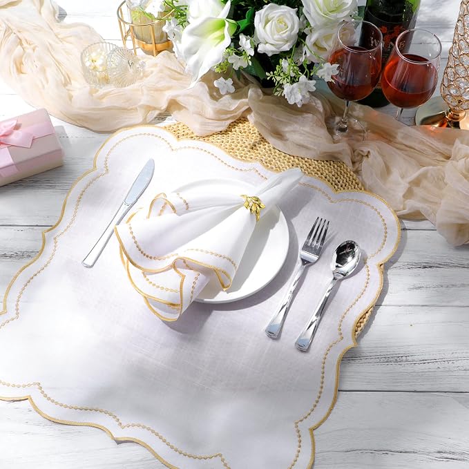Hahafelt 6 Set Cloth Napkins 18x18inches Scalloped Embroidery Cloth Napkins Washable Polyester Table Dinner for Hotel Restaurant Weddings Events Parties (Gold) - Image 4