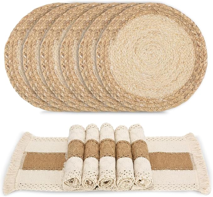 Handmade Boho Placemats Set of 6 - Natural Cotton Burlap and Water Straw Woven Combination Table Mats, Macrame Décor and Farmhouse Style Placemats, for Dining Table Kitchen by Zology