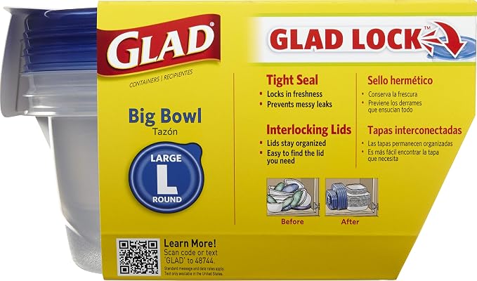 Glad GladWare Big Bowl Food Storage Containers with Lids, Large Round No BPA Plastic Containers for Soups, Salads, and Meal Prep, Lock Tight Seal, Microwave Dishwasher Safe, 48 Oz, 3 Count - 6 Pack | Lock-tight seal for soups, salads, and meal prep in ... - Image 3