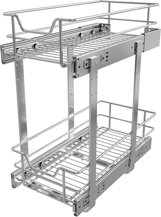 2 Tier Pull Out Cabinet Organizer 9" W X 17" D, Chromed, Full Slide Out | For Kitchen Organizers and Storage, Pull Out Drawers For Cabinets Capacity Heavy Duty Caddy, Cabinet Shelves, Bathroom Pantry by STORKING