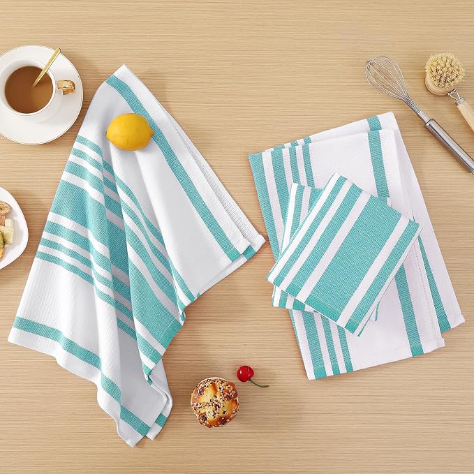 Homaxy Premium Cotton Stripe Kitchen Towels 8 Pack, 18"x 28", Teal | Large 380 GSM Kitchen Hand Towels, Soft Terry Dish Towels, Highly Absorbent Tea Towel Set with Hanging Loop - Image 6