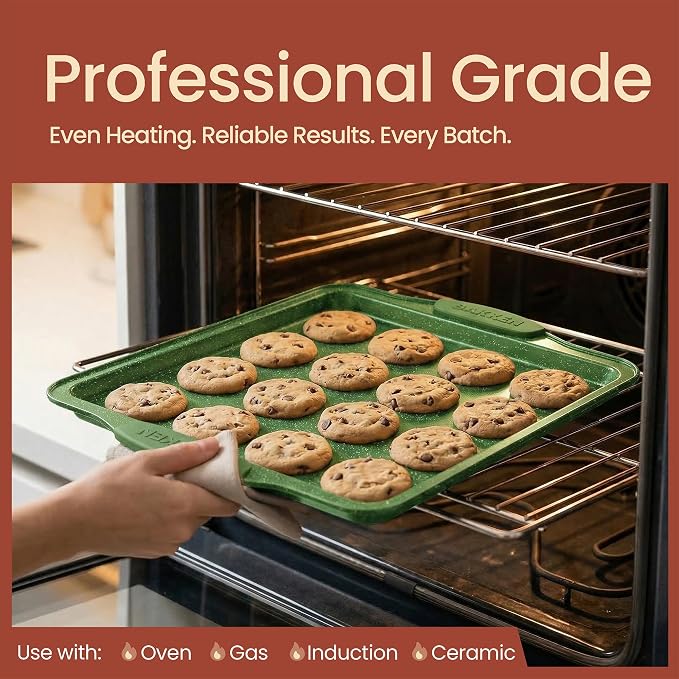 BAKKEN Kitchen Baking Pan Set - Nonstick Green Marble Coating, Carbon Steel Bakeware Sets with Green Silicone Handles, Kitchen Essentials, PFOA, PFOS, PTFE Free, Oven Safe (Up To 450° F), Set of 10 - Image 3