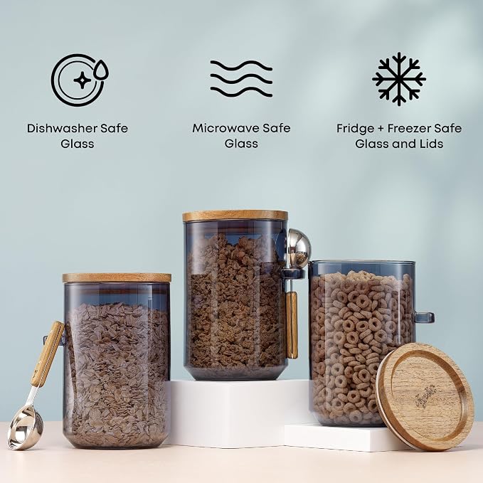 JoyJolt Holden 32oz Stackable Glass Storage Containers with Lids and Scoops, Airtight Food Canister Set of 3 w/Acacia Wood Lids, Round Stacking Pantry and Kitchen Containers w/Scoop | Smoke Blue - Image 4