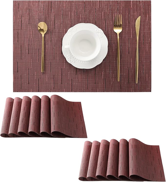 Leetaltree Burgundy Placemats Set of 12 - Heat Resistant Non-Slip Place mats for Dining Table, Washable Durable PVC Vinyl Woven Table Mats（Burgundy, 12） by Leetaltree-ArtatEveryTable