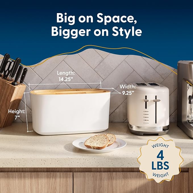 Sonder LA Union Bread Box with Wood Lid (White) Large 14.25x9.25x7 in | Bamboo Fiber & Recycled Plastic Body with Reversible Bread Board Lid, Kitchen Countertop Use, Larger Than It Appears, 4 lbs - Image 5