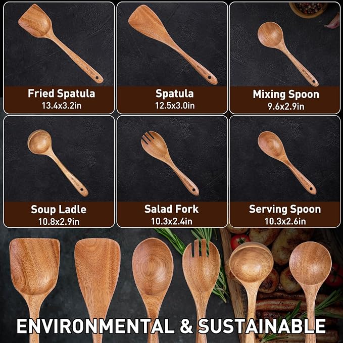 Wooden Spoons - Wooden Spoons for Cooking,Natural Wooden Kitchen Utensils Set Non Toxic,6-Piece Wooden Cooking Utensils(A06) - Image 3