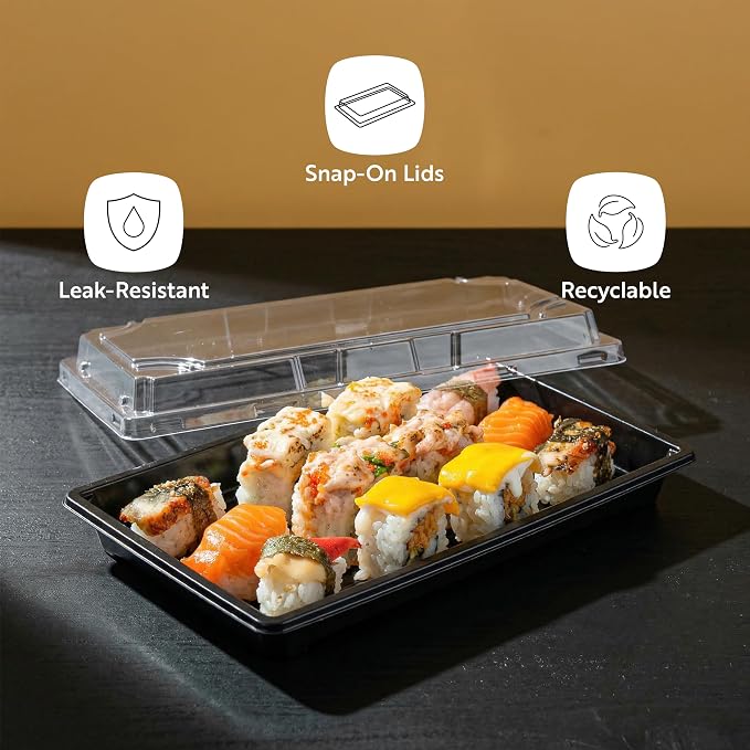 Restaurantware Plastic Sushi Trays 100 Pack of 9.2 x 5.9 x 1.77 Inch With Clear Lids Leak-Resistant Sushi Take Out Boxes Stackable Containers For Grab-And-Go - Image 4
