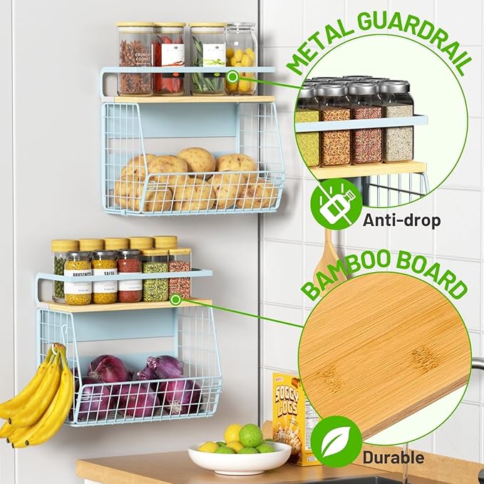 Magnetic Shelf for Fridge with Wood Lid, Fruit Potato and Onion Storage Bins, Pantry Organizers & Storage, Large Container Magnetic Spice Rack for Refrigerator, Kitchen Counter, Cabinet (Blue, 1) - Image 2