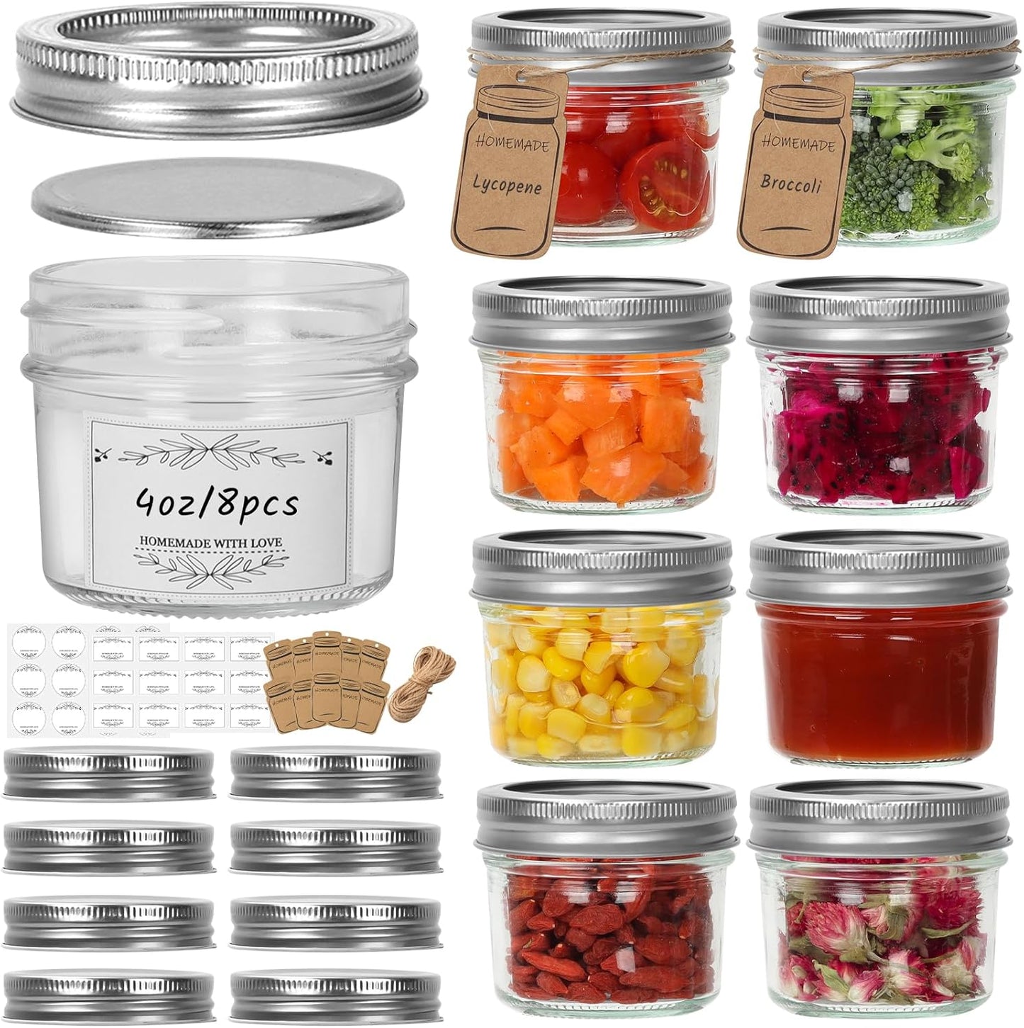 Eathtek Small Mason Jars 8 Pack, 4oz/120ml Mini Canning Jars with Regular Lids for Jelly Herbs Spice Honey Storage, Small Glass Jars Candle jars, Extra Lids Tags Label Included