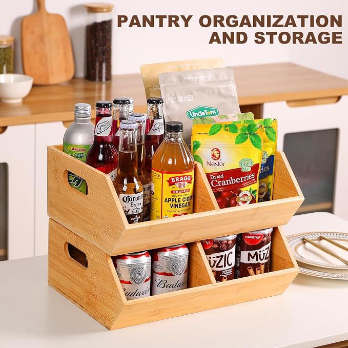 2 Set Bamboo Storage Bins, Pantry Organizers and Storage, Kitchen Countertop Organization and Storage Basket for Produce, Onions, Potatoes, Garlic, Fruits, Vegetable and Bread - Image 3