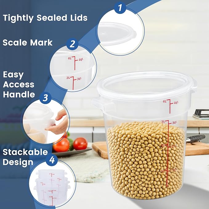4 Pack 4QT Round Food Storage Containers with Lids | NSF, BPA-free PP containers with scale, label and measuring cup, stackable for prep, storage, freezer. Dishwasher safe - Image 4
