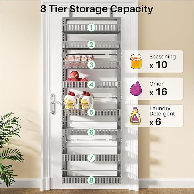 SNTD 8 Tiers Over the Door Organizer, 17" W x 6" D x 69" H, Grey | Pantry Door Organizers and Storage, Height Adjustable Spice Rack, Dense Mesh Baskets, Anti-Swing, Adjustable Door Fastener - Image 7