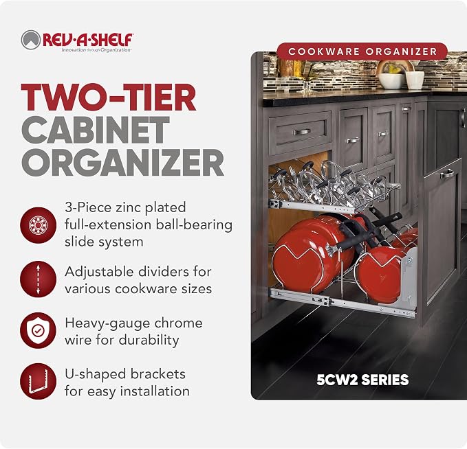 Rev-A-Shelf Kitchen Cabinet Pullout Organizer, Min Open Width of 20.5" | 2-Tier U-Shaped Cookware Storage Rack for Pots, Pans, and Lid Cookware, Adjustable Heavy Duty Wire, Chrome, 5CW-1222-CR - Image 6