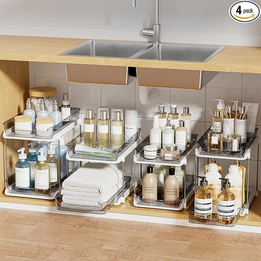 Delamu 2-Tier Multi-Purpose Bathroom Under Sink Organizers and Storage, Stackable Kitchen Pantry Organization, Pull Out Medicine Cabinet Organizer with Movable Dividers, Grey, 4 Pack by DELAMU