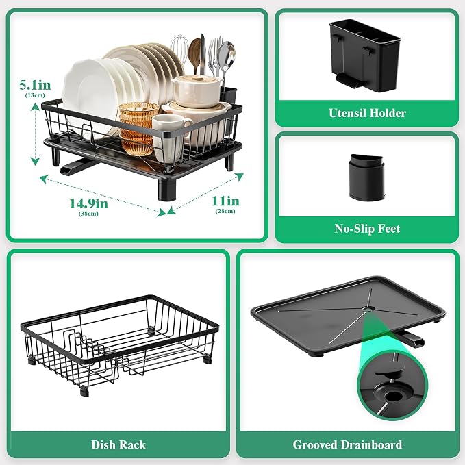 MOUKABAL Dish Drying Rack with Drainboard for Kitchen Counter, Black | 11×15 Large Capacity/Rustproof Stainless Steel/Fast Drainage Dish Drainer/Removable Utensil Holder/Kitchen Counter Organizer - Image 2