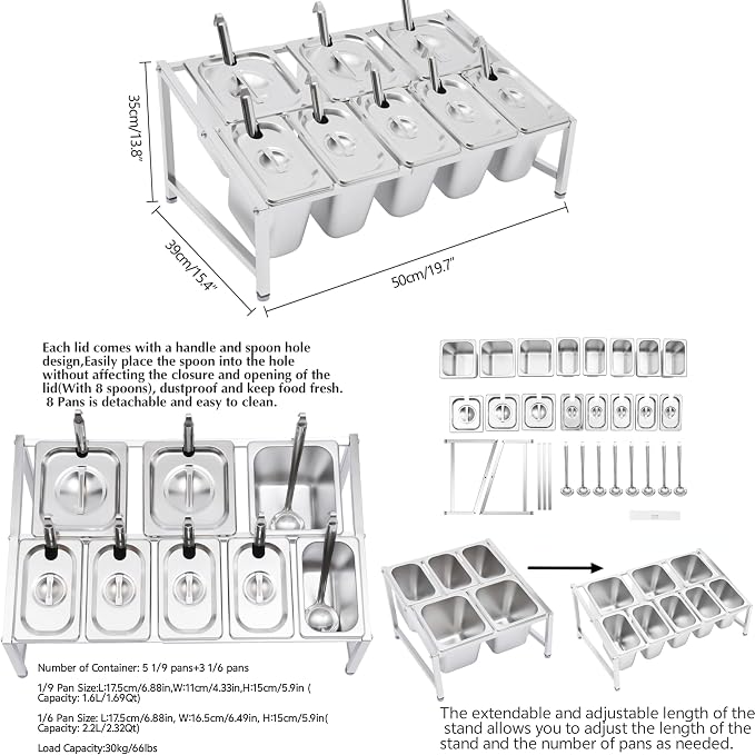 Telescoping Pizza Topping Station Condiment Container Food Prep Holder | Stainless Steel Container Set with 8 Pans & Spoons&Lid, Spice Rack Ingredients Holder Bar Kitchen Pizza Oven Accessories - Image 5