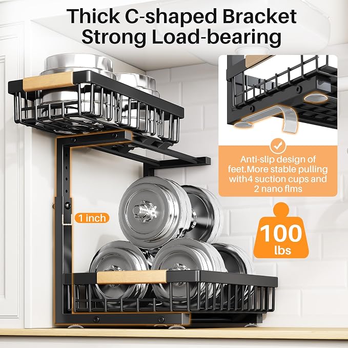 PXRACK Under Sink Organizer, Adjustable Height, 2 Tier Pull Out Under Cabinet Organizer, Slide Out Thickened Metal Under Sink Storage for Kitchen Bathroom Laundry Pantry Cabinet, Black, Small-2-Pack - Image 6