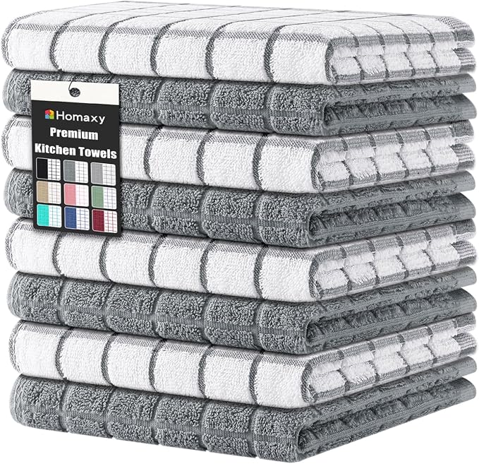 Homaxy Premium Cotton Kitchen Dish Cloths 12"x 12", 8 Pack, Grey | Natural Ring Spun 390 GSM Dish Rags, Super Absorbent Terry Dish Towels, Soft Dishcloths with Hanging Loop by Homaxy