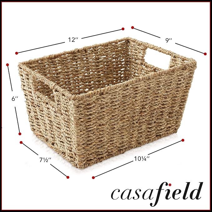 Casafield Set of 4 Seagrass Hyacinth Storage Baskets with Handles - Natural, Woven Storage Bins for Shelves, Blankets, Laundry Organization - Image 4
