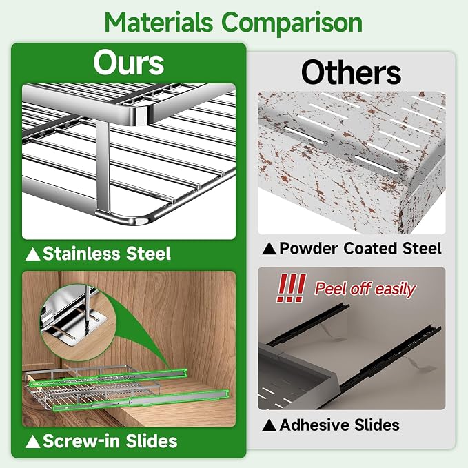 Adjustable Pull Out Shelves for Kitchen Cabinet, Expandable Pull Out Drawders for Cabinets, Pull Out Cabinet Organizer Roll Out Drawers, Stainless Steel, Cabinet Width 16.2" - 26.2", 1 Pack - Image 3