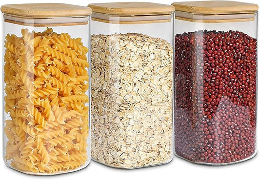 ComSaf Glass Storage Containers wtih Lids 1.6 Qt, Set of 3 Food Storage Jar | Square Kitchen Canisters, Glass Pantry Jars, Pantry Organizers, Dry Food Storage, Tea, Oat, Spice, Coffee, 51oz, BPA Free by ComSaf