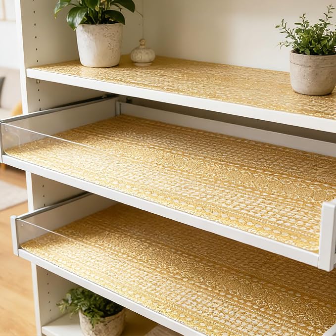 Drawer and Shelf Liner - Gold Geometric Lace Pattern,Non Adhesive | Non Slip Waterproof Easy-Clean Shelf Liner for Kitchen Cabinet, Bathroom, Pantry Storage Drawers, 17 in x 30 Ft - Image 6