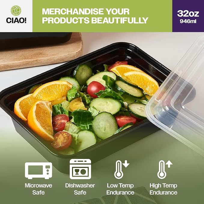 CIAO! Heavy Weight 32oz Injection Molded Microwavable Black Rectangular Food Container with Lid (150/case) - Image 6
