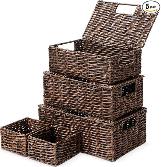 Yookeer 5 Pcs Woven Plastic Rattan Storage Baskets with Lid and Handles, Brown Large Storage Organizer with Labels, Stackable Rectangular Boho Decorative Baskets for Toys Shelves Bedroom by Yookeer