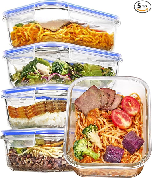Vtopmart 5 Pack 35oz Glass Food Storage Containers with Lids, Blue | Meal Prep Containers, Airtight Reusable Lunch Container Set, Safe for Oven, Microwave, Freezer, and Dishwasher, BPA Free by Vtopmart