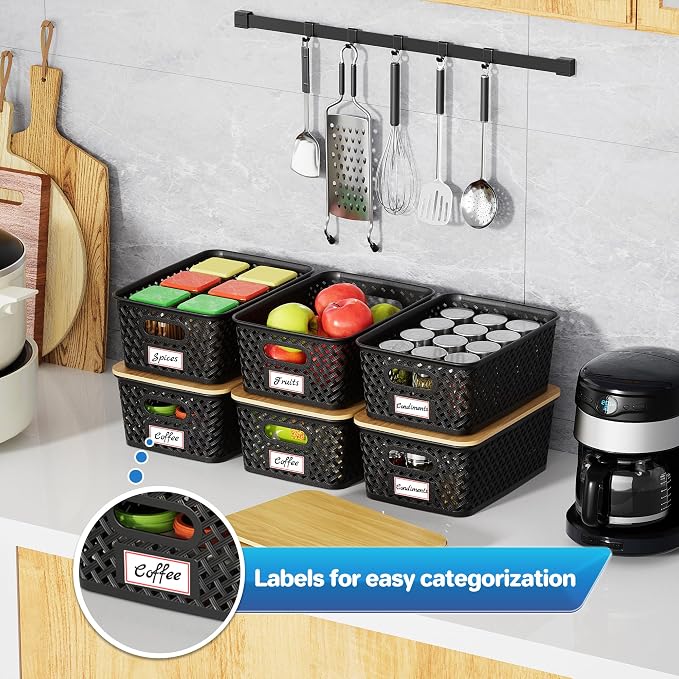 Anysig 8 Pack Plastic Storage Bins with Bamboo Lids, 5.2 QT Stackable Bins | Decorative Small Storage Basket Containers for Organizing Shelves Office Classroom Desktop Closet, Black - Image 5