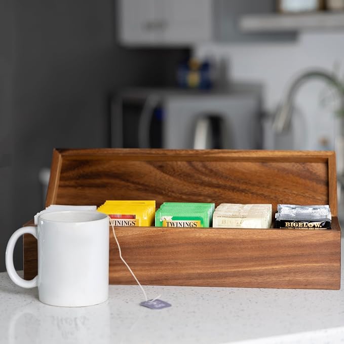 Ironwood Gourmet Large 5 Compartment Tea Box, Acacia Wood Tea Bag Organizer With Lid | Store & Display Tea Bag Collections | Beautiful Acacia Wood Tea Storage Box With Lid | Great For Jewelry and Arts & Crafts - Image 4