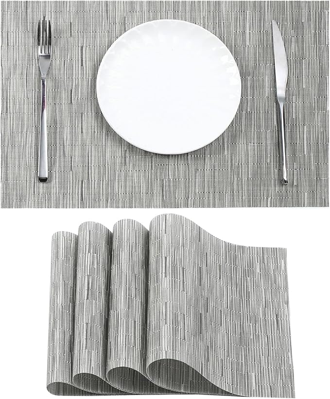 Leetaltree Silver Placemats Set of 4 - Heat Resistant Non-Slip Place mats for Dining Table, Washable Durable PVC Vinyl Woven Table Mats（Silver, 4） by Leetaltree-ArtatEveryTable