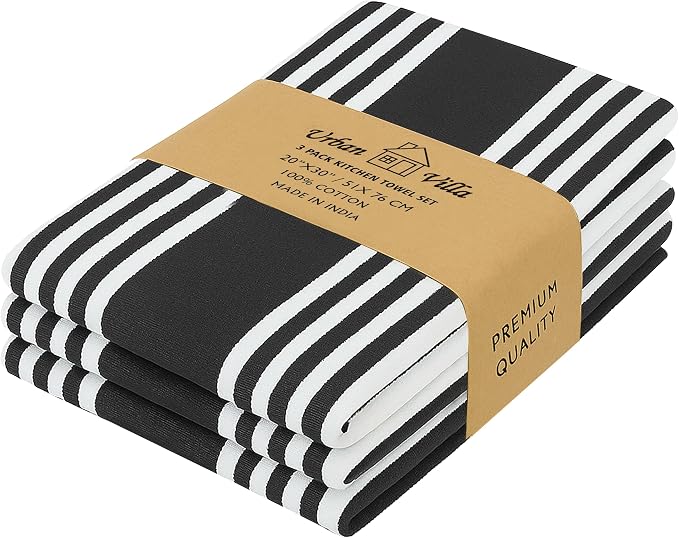Urban Villa Kitchen Towels Cotton Dish Towels 20”x30” (Set of 3) Black by CottonTrends