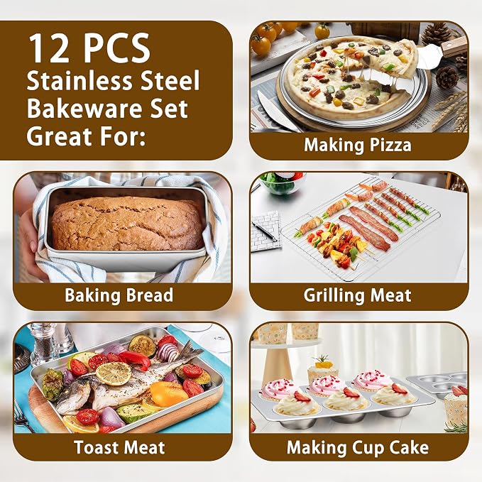 P&P CHEF 12-Piece Bakeware Set, Stainless Steel Baking Pans Set for Cooking | Non-toxic & Easy Clean, Includes Baking Sheet with Rack, Cake, Lasagna, Loaf, Muffin, Pizza Pan & 2 Covers, Oven Safe - Image 4