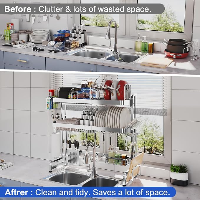 LIVOD Over The Sink Dish Drying Rack,3 Tier Adjustable Length Full Stainless Steel Large Storage Kitchen Dish Rack,for Kitchen Counter Expandable Multifunctional Organizers,Silver (25.98-37.6") - Image 7