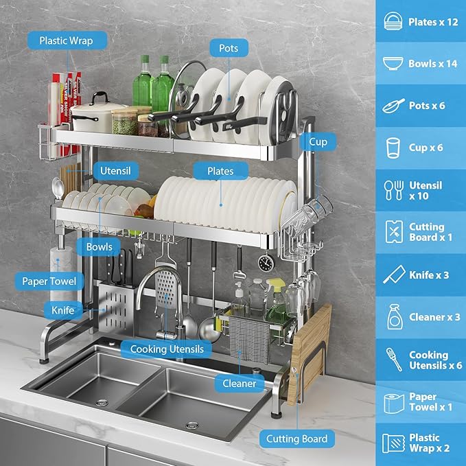 Over The Sink Dish Drainer Drying Rack, Full Stainless Steel 3-Tier Adjustable Length Over Sink Dish Drying Rack, Large Capacity Dish Rack Over Sink for Kitchen Counter, Pots & Pans Rack - Image 5