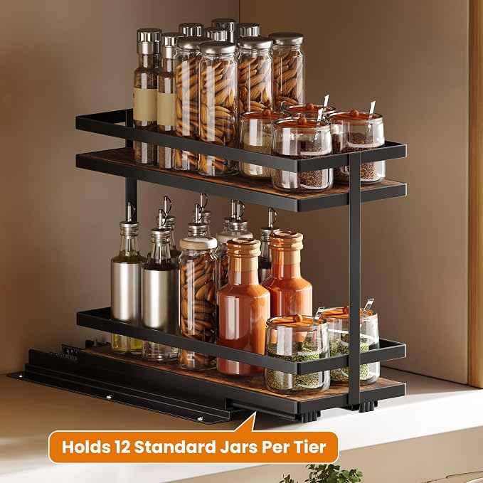 Pull Out Spice Rack 2Pcs Metal & Wood Seasoning Organizer Black | No-Drill Install | Full-Extension Silent Glide | Each Tier Holds 10–12 Standard Spice Bottles | Rustproof, Wipe-Clean Surface - Image 8