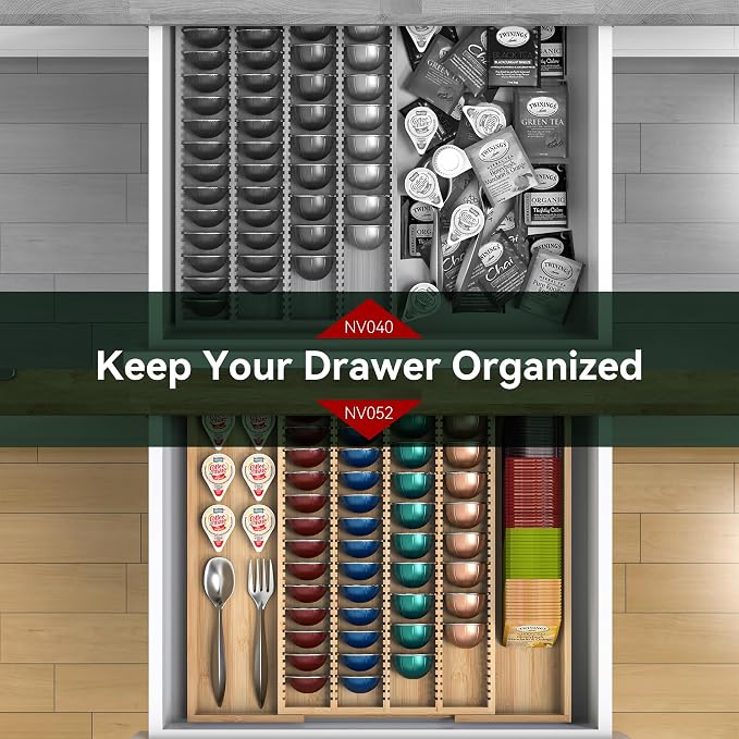 Large Expandable Bamboo Coffee Pod Drawer Organizer | 10.8" -19"W x15.67"Dx1.9"H, Compatible with Nespresso Vertuo Capsules, 40 Big or 52 Small Pods Holder for Counter - Image 7