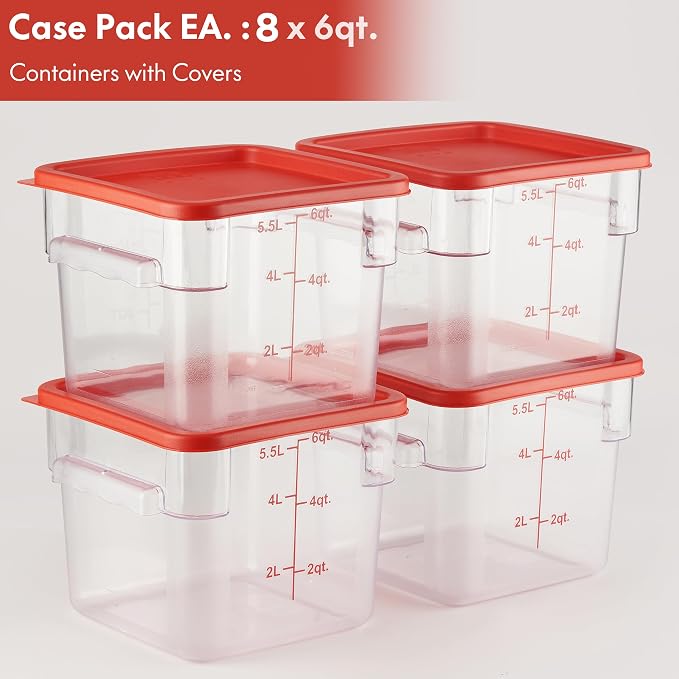 8-Pack 6 Qt NSF Clear Polycarbonate Food Storage Containers with Red Lids - Square, Commercial-Grade, Freezer & Dishwasher Safe, Stackable - Image 2