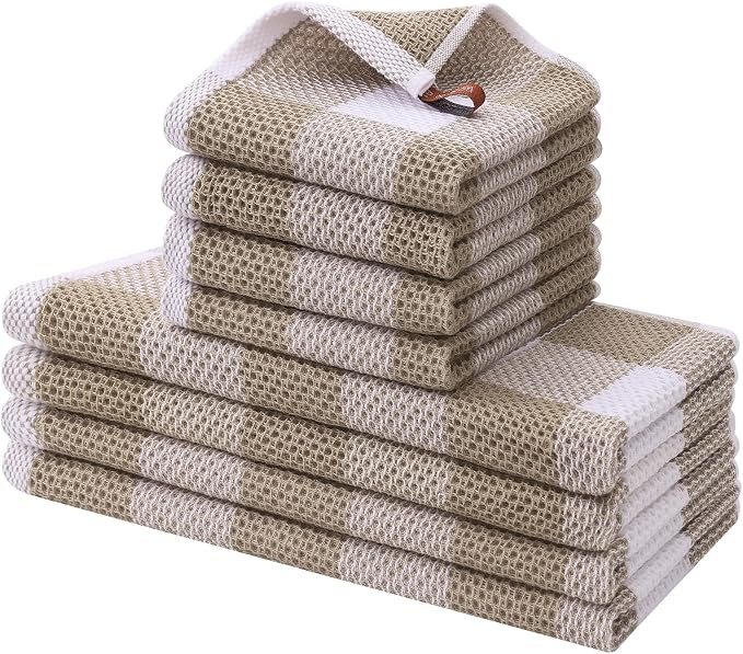 Homaxy Kitchen Towels and Dishcloths Set, Set of 8, White & Khaki | Bulk Cotton Waffle Weave Check Plaid Kitchen Towels, Super Soft and Absorbent Dish Cloths, 12 x 12 and 13 x 28 Inches by Homaxy