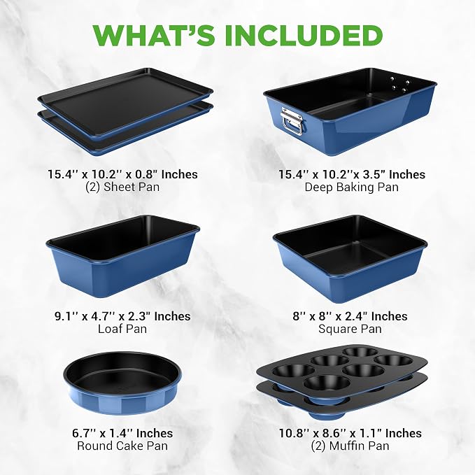 NutriChef 8-Piece Nonstick Stackable Bakeware Set - PFOA, PFOS, PTFE Free Baking Tray Set w/Non-Stick Coating, 450°F Oven Safe, Round Cake, Loaf, Muffin, Wide/Square Pans, Cookie Sheet (Blue) - Image 3