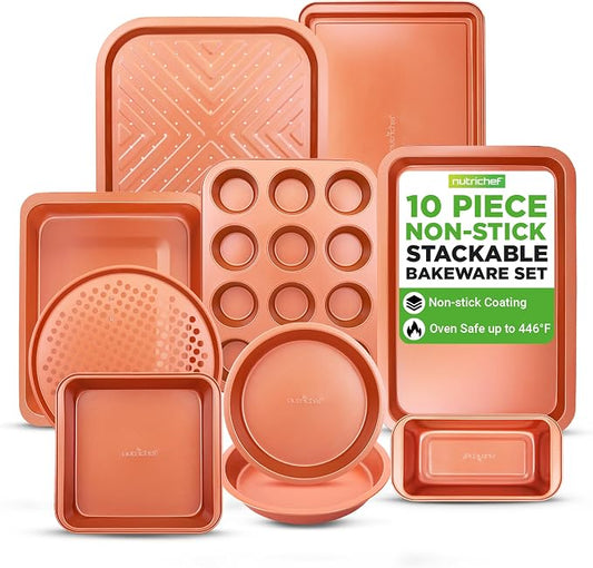 NutriChef 10-Piece Oven Baking Pans Set - Deluxe Carbon Steel Bakeware Set with Non-stick Gray Coating Inside and Out, Dishwasher Safe & PFOA, PFOS, PTFE Free by NutriChef%E2%84%A2Kitchen