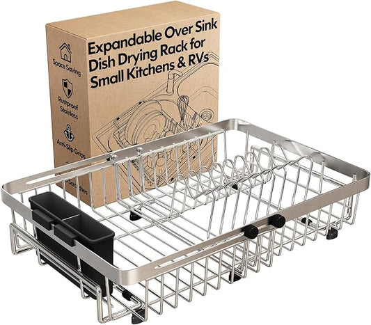 Dish Drying Rack Over The Sink with Utensil Holder | Expandable Stainless Steel Dish Drainer for Small Kitchen, Apartment, RV, Counter Space Saving, Perfect Fit, Rustproof by MAJALiS