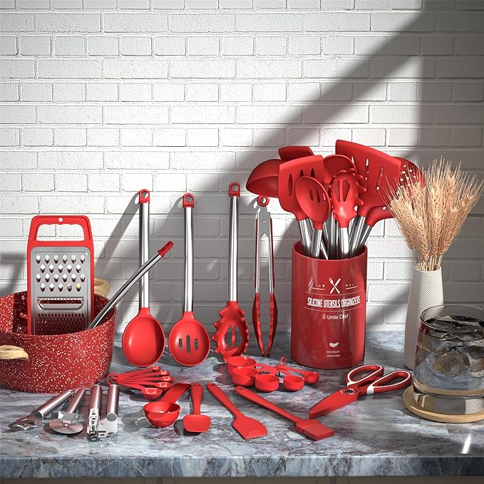 Kitchen Utensils Set- Umite Chef 34 PCs Cooking Utensils with Grater, Spoon Spatula, Heat Resistant Food Grade Silicone, Stainless Steel Handles Kitchen Gadgets Tools Set for Nonstick Cookware(Red) - Image 2