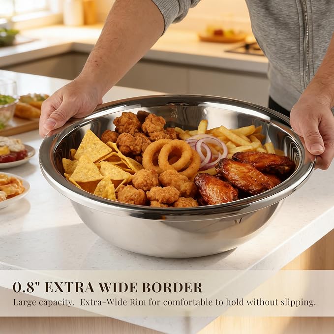 Metal Mixing Bowls Set of 4, Stainless Steel, Nesting | 1.3, 1.9, 3.5 and 7.4 qt sizes with wide rolled rims, flat bases and deep bowls for baking, dough and salad prep - Image 3