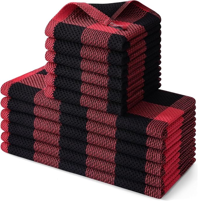 Homaxy Kitchen Towels and Dishcloths Set, Set of 12, Black & Red | Bulk Cotton Waffle Weave Check Plaid Kitchen Towels, Super Soft and Absorbent Dish Cloths, 12 x 12 and 13 x 28 Inches by Homaxy