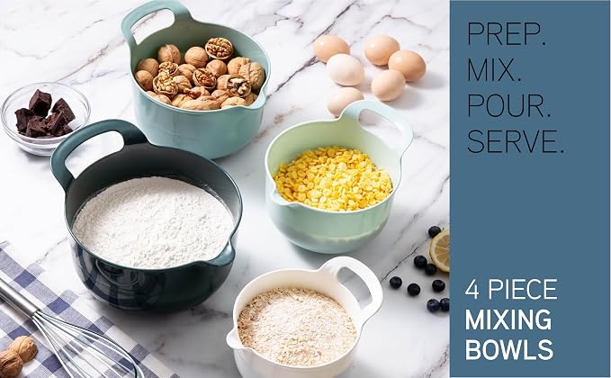 COOK WITH COLOR Nesting Plastic Mixing Bowl Set with Pour Spouts and Handles, Mint, 4 Piece Non-Slip - Image 4