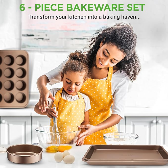 NutriChef 6-Piece Nonstick Bakeware Set, Carbon Steel Baking Pans Set, Includes Cookie Sheets, Wide & Square Bake Pans, Bread Loaf & Round Cake Pan, Muffin Pan - Gold - Image 2