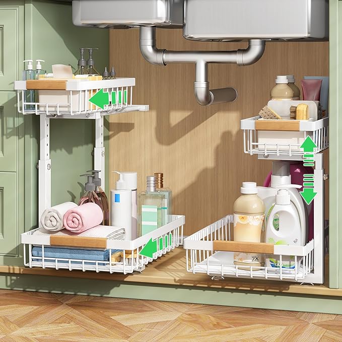 Kitstorack Under Sink Organizer, 2 Tier Under the Sink Storage, Slide out Pull out Cabinet Organizer Shelf, Metal Sliding Drawer for Kitchen Bathroom Pantry Closet Organization Rack, White, 1 Pack by Kitstorack